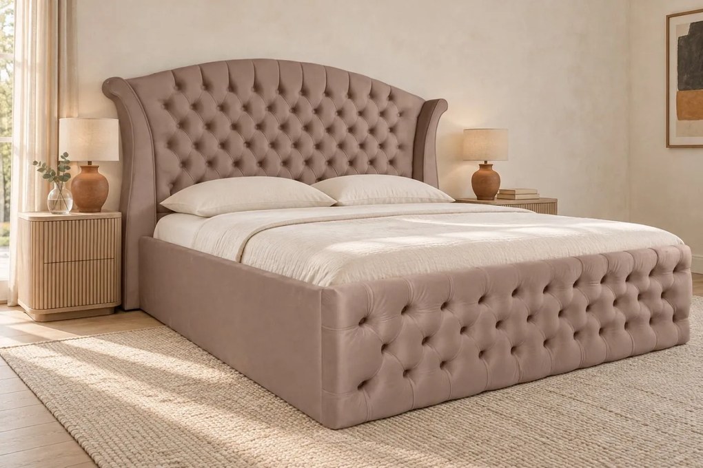Pat tapițat Chesterfield din catifea Sorella Simple 140×200 cm, cappuccino, cu ladă de depozitare