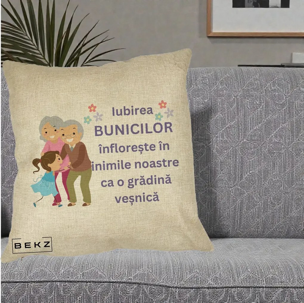 Cadou pentru Bunici - Perna Personalizata Bunicii Iubirea Infloreste Bunici cu Nepoata Colorat, 40x40 cm, Crem, Husa Detasabila, Perna Inclusa, BEKZ®