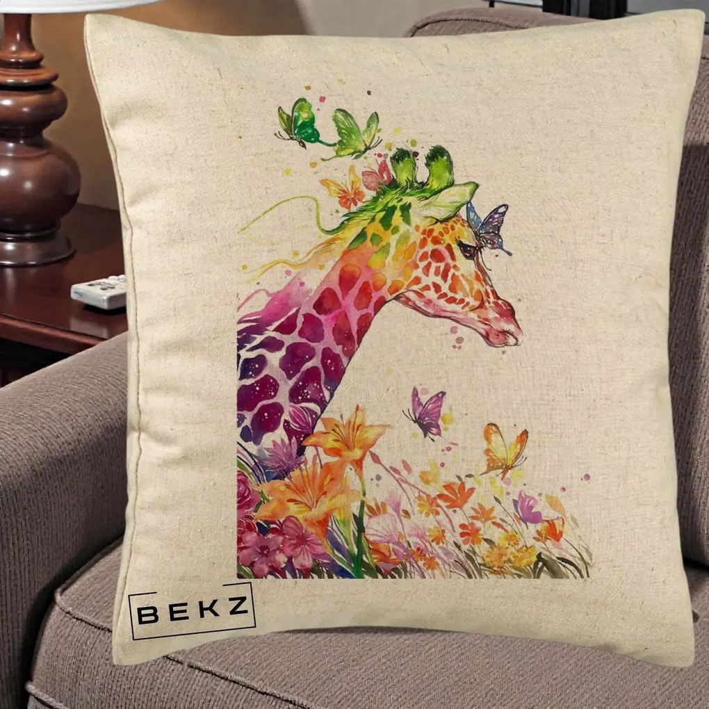 Perna Decorativa Girafa Curcubeu Acuarela, 40x40 cm, Bej, Husa Detasabila, Perna Inclusa, BEKZ®