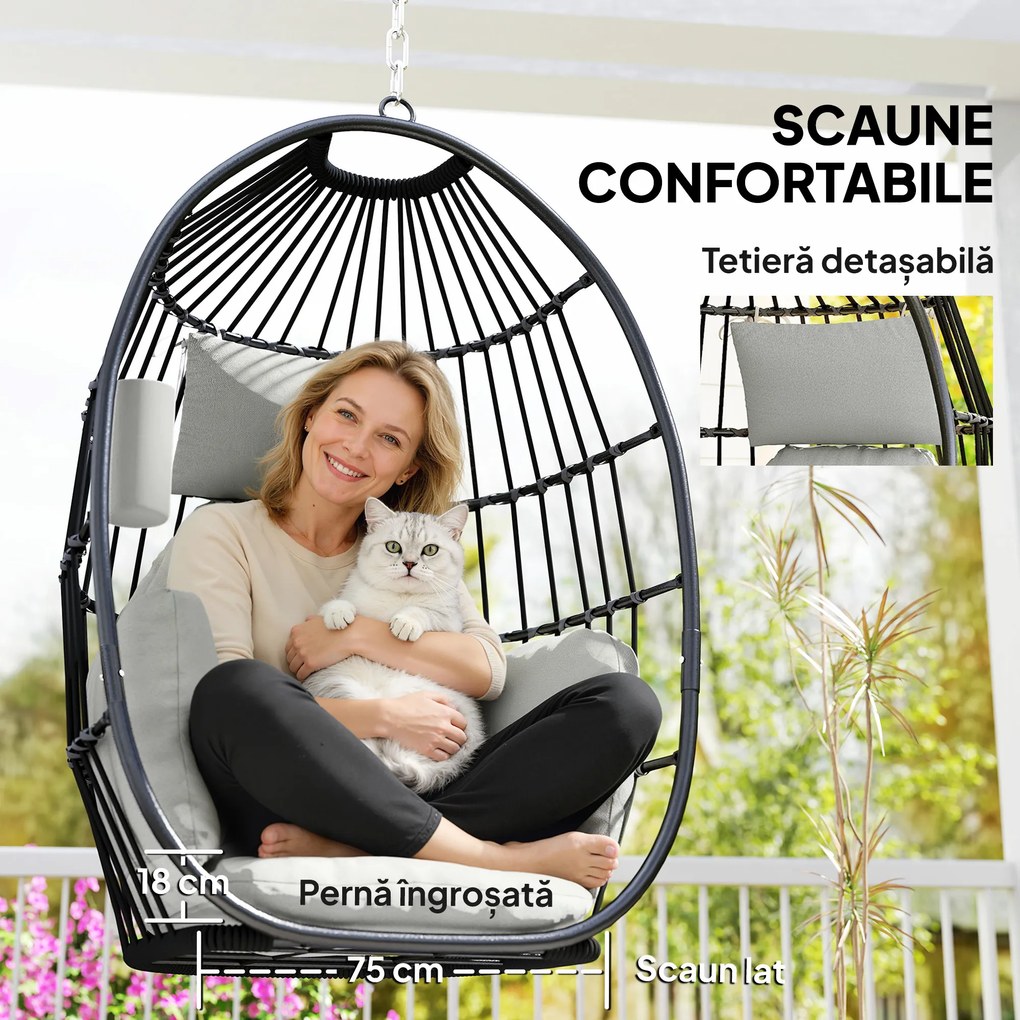 Scaun Suspendat Outsunny în Formă de Ou Fără Suport, Pliabil, cu Pernă Moale și Tetieră, Suport Pahar, Capacitate 120 kg, Gri Închis | Aosom Romania
