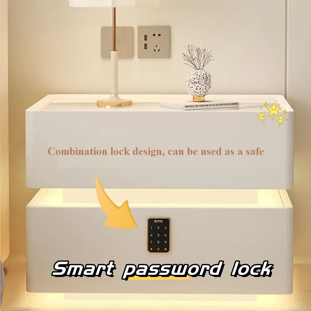 RESIGILAT- Noptieră inteligentă multifuncțională, sertar tip seif cu blocare cu parolă, încărcare Wireless, difuzor Bluetooth, iluminare LED touch în 3 culori, Alb