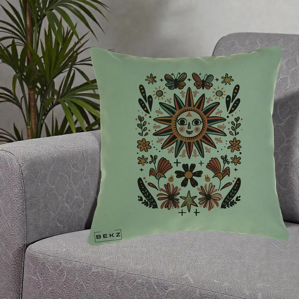Perna Decorativa Soare Boho Folk Fluturi, 40x40 cm, Verde, Husa Detasabila, Perna Inclusa, BEKZ®