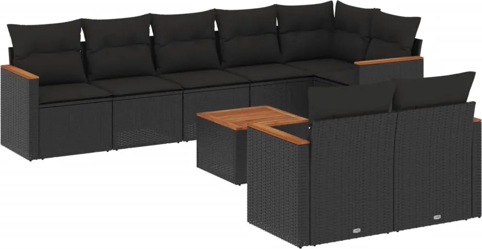 vidaXL Set mobilier de grădină cu perne, 9 piese, negru, poliratan