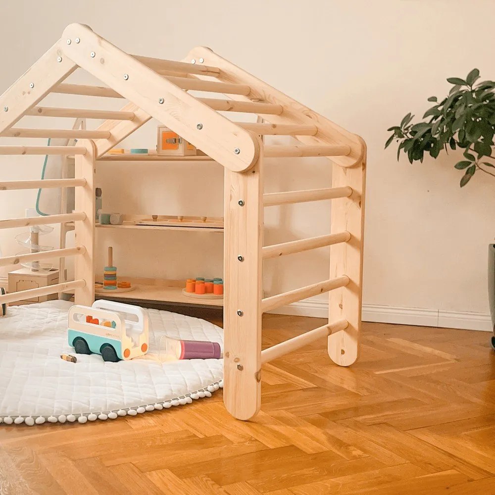Triunghi Pikler de cățărat în culoare naturală din lemn de pin 112x61x94 cm Montessori – Meowbaby