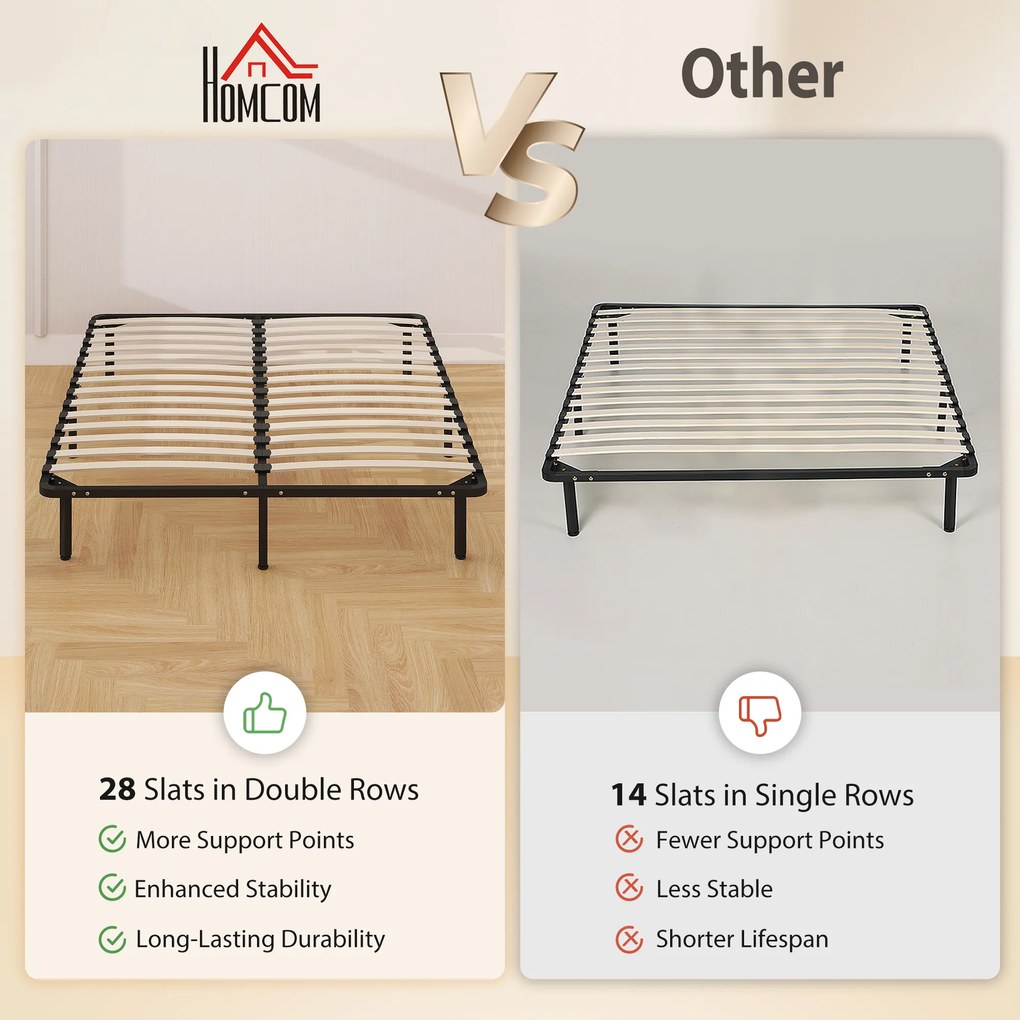 HOMCOM Pat Matrimonial Industrial cu 28 de Doghe și Spațiu de Depozitare, din Lemn și Oțel, 190x160x31 cm, Negru și Lemn | Aosom Romania