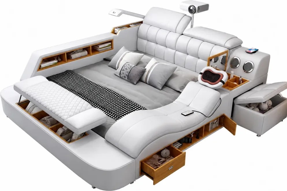 MOBLUX03 Luxury 180x200 cm Light Grey Left Chaise – Pat Inteligent Premium cu Proiector, Vibromasaj, Boxe Bluetooth, Încărcare Wireless și Spații Multiple de Depozitare