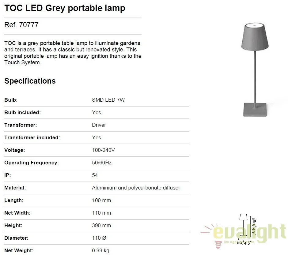Lampa LED portabila iluminat exterior stil clasic TOC gri 70777