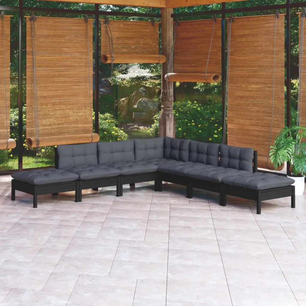 3096326 vidaXL Set mobilier grădină cu perne, 7 piese, negru, lemn de pin