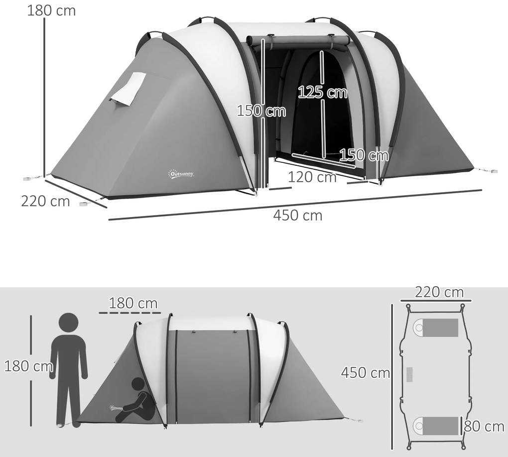 Outsunny Cort de camping familial 4-5 persoane cu 2 camere 3 ferestre, sac de transport, impermeabil, dim. 450L x 220l x 180Hcm | Aosom Romania
