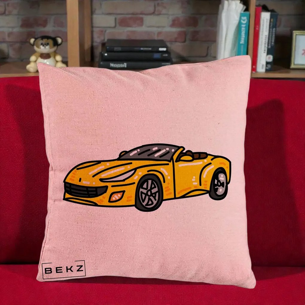 Perna Personalizata Masina Cabriolet Galbena Grafic, 40x40 cm, Roz, Husa Detasabila, Perna Inclusa, BEKZ®