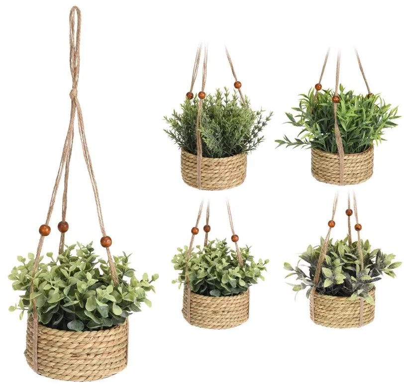 Planta artificiala decorativa, Azay Design, in cosulet impletit din franghie, cu agatatoare, pentru interior, cu plante aromatice de dimensiuni mici, design rustic, inaltime totala 45cm