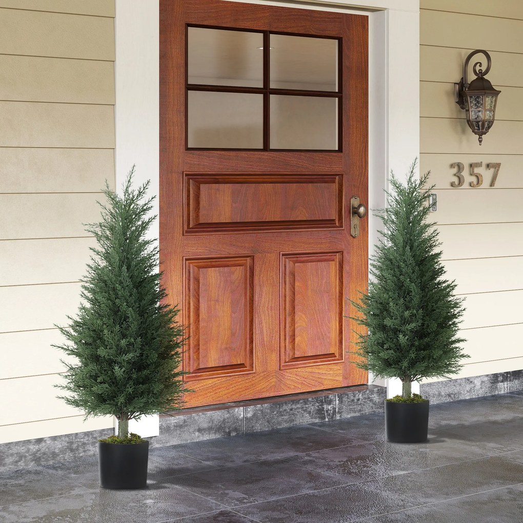 Outsunny Set 2 Plante Artificiale de Chiparos cu 362 Frunze și Ghiveci cu Ciment și Mușchi, Plante Rezistente la UV, Ø40x90 cm, Verde | Aosom Romania