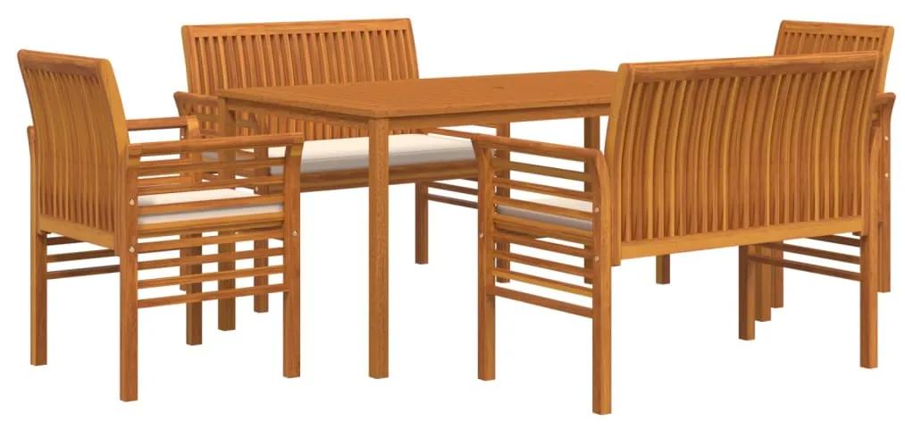 Set mobilier de exterior cu perne, 5 piese, lemn masiv acacia 2x banca + 2x fotoliu + masa, Crem, 1