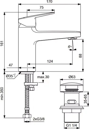 Baterie lavoar cu monocomanda si ventil Click-Clack Ideal Standard Ceraplan
