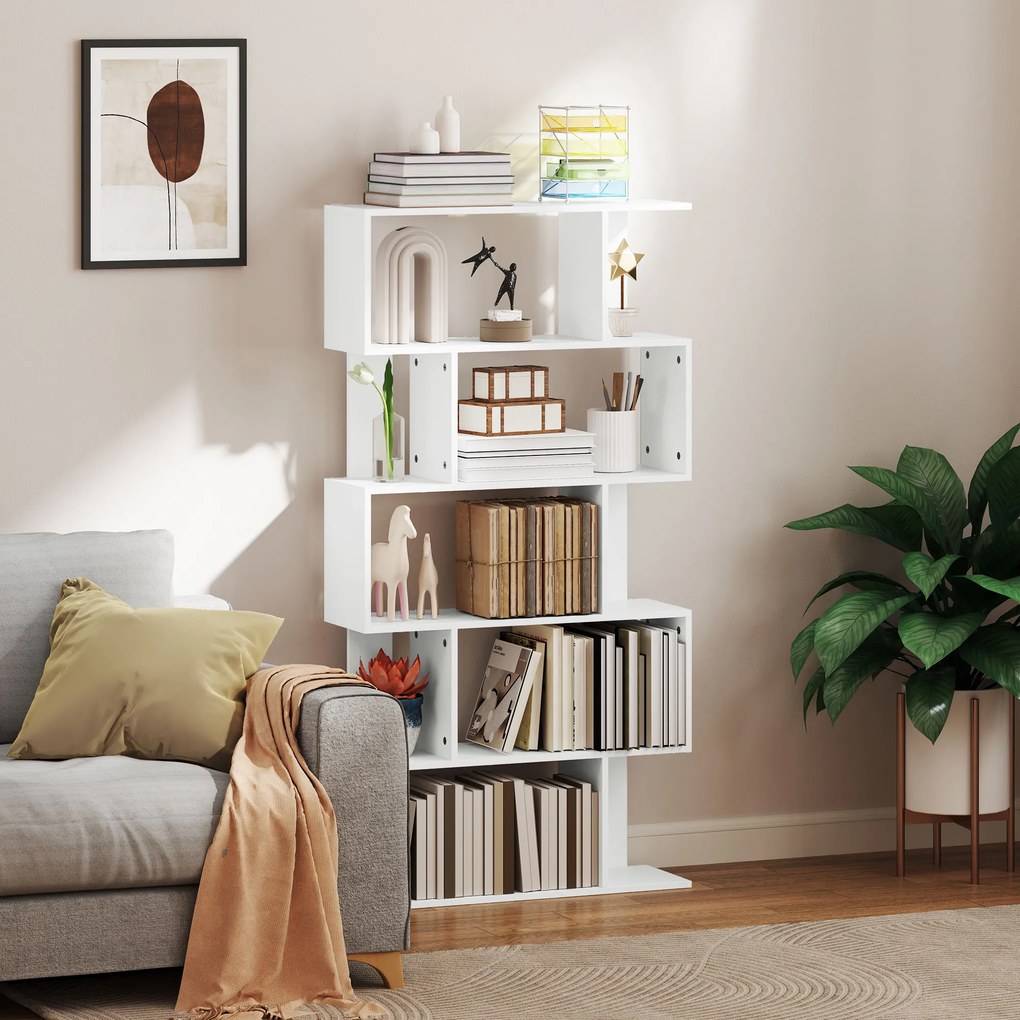 HOMCOM Bibliotecă Asimetrică în Formă de S cu 5 Niveluri și 10 Rafturi Deschise, 80x24x159 cm, Alb | Aosom Romania