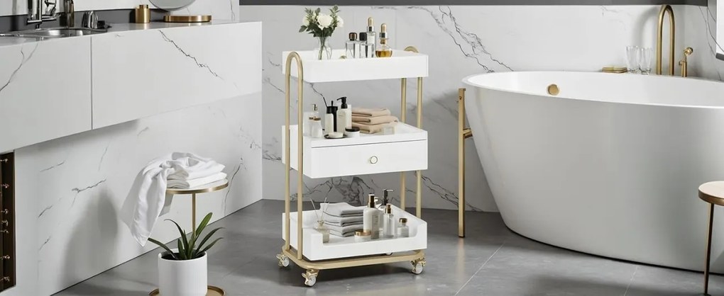 CMAU201 - Carucior 51 cm, cu Rafturi si Roti, masuta manichiura, ucenic cosmetica, masa coafor - Alb - Imitatie de marmura - Auriu