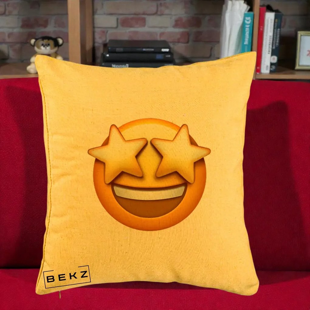 Perna Decorativa Emoji Ochi Stele, 40x40 cm, Galben, Husa Detasabila, Perna Inclusa, BEKZ®
