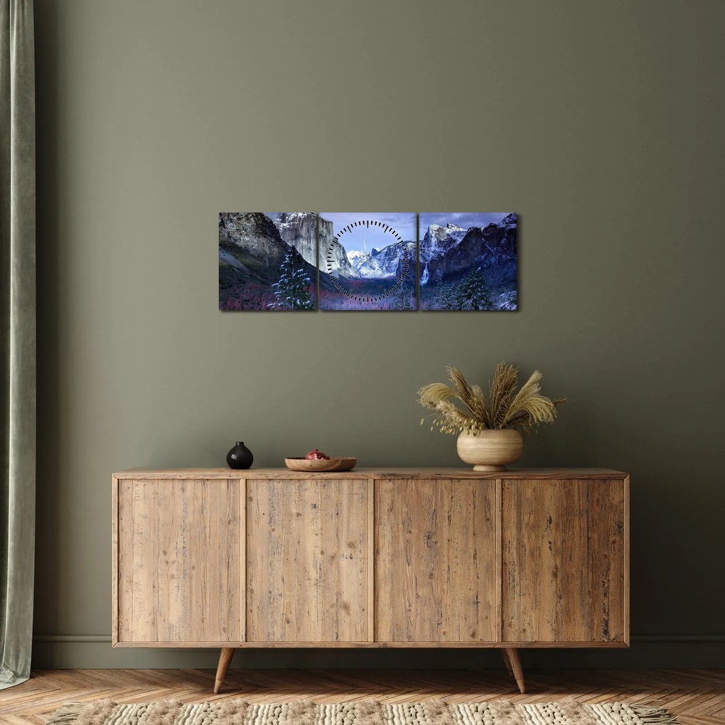 Tablou cu peisaj montan iarna (cu ceas) (90x30 cm)