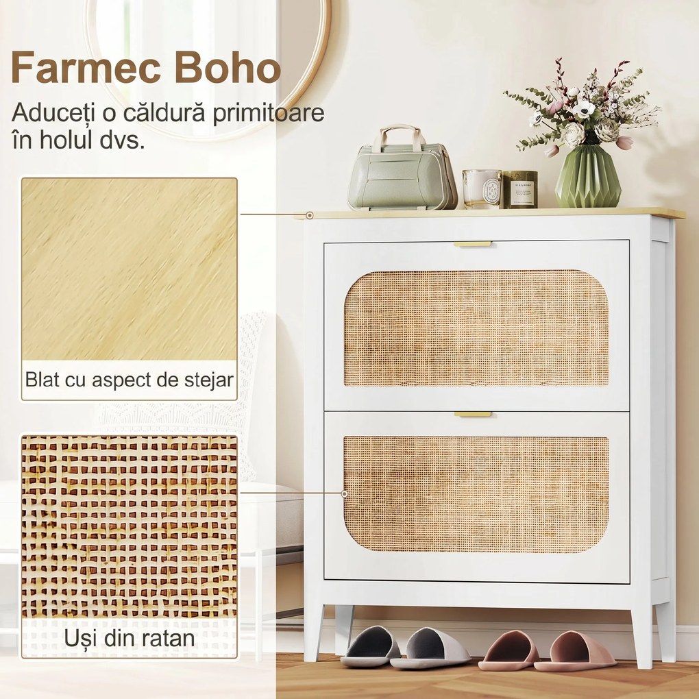 HOMCOM Dulap de pantofi subțire în stil Boho cu 2 sertare rabatabile, pentru 14 perechi de pantofi, Alb | Aosom Romania