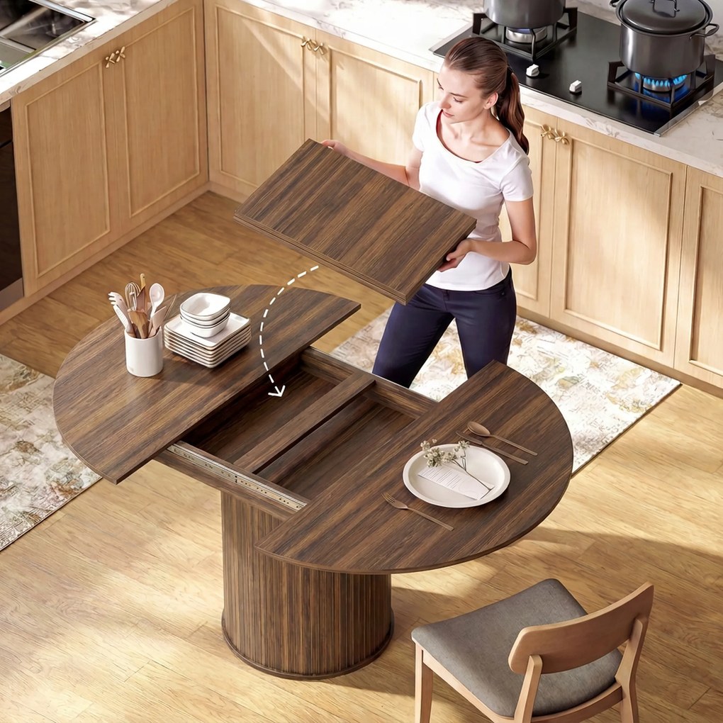 HOMCOM Masă Extensibilă pentru 6-8 Persoane, Rotundă/Ovală, cu Bază Tip Piedestal, din MDF și Oțel, Nuc Închis | Aosom Romania