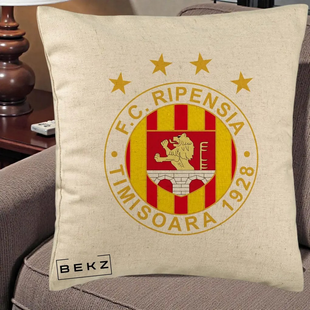 Perna Personalizata FC Ripensia Timisoara 1928, 40x40 cm, Bej, Husa Detasabila, Perna Inclusa, BEKZ®