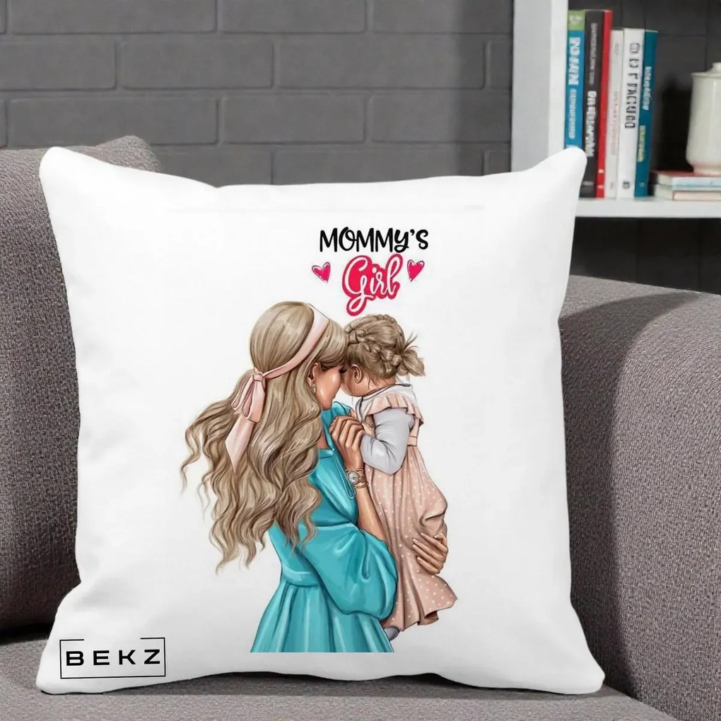 Cadou pentru Mama - Perna Personalizata Mommy's Girl Mama si Fetita, 40x40 cm, Alba Mata, Husa Detasabila, Perna Inclusa, BEKZ®