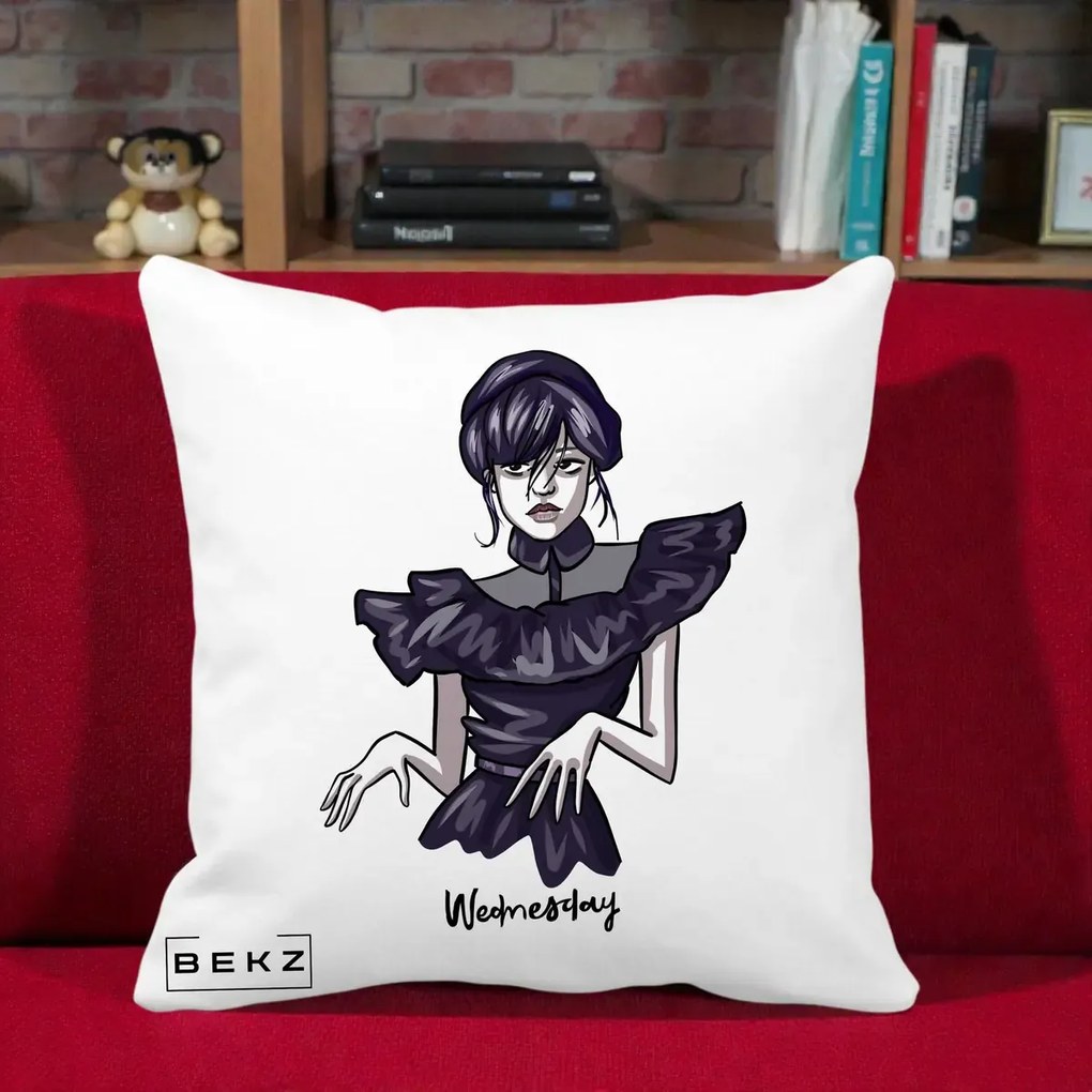 Perna Personalizata Wednesday Addams Dans Gotic, 40x40 cm, Alba Mata, Husa Detasabila, Perna Inclusa, BEKZ®