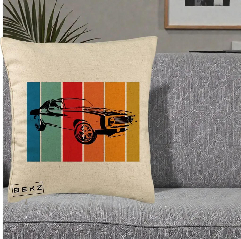 Perna Personalizata Masina Retro Muscle Car Grafic, 40x40 cm, Bej, Husa Detasabila, Perna Inclusa, BEKZ®