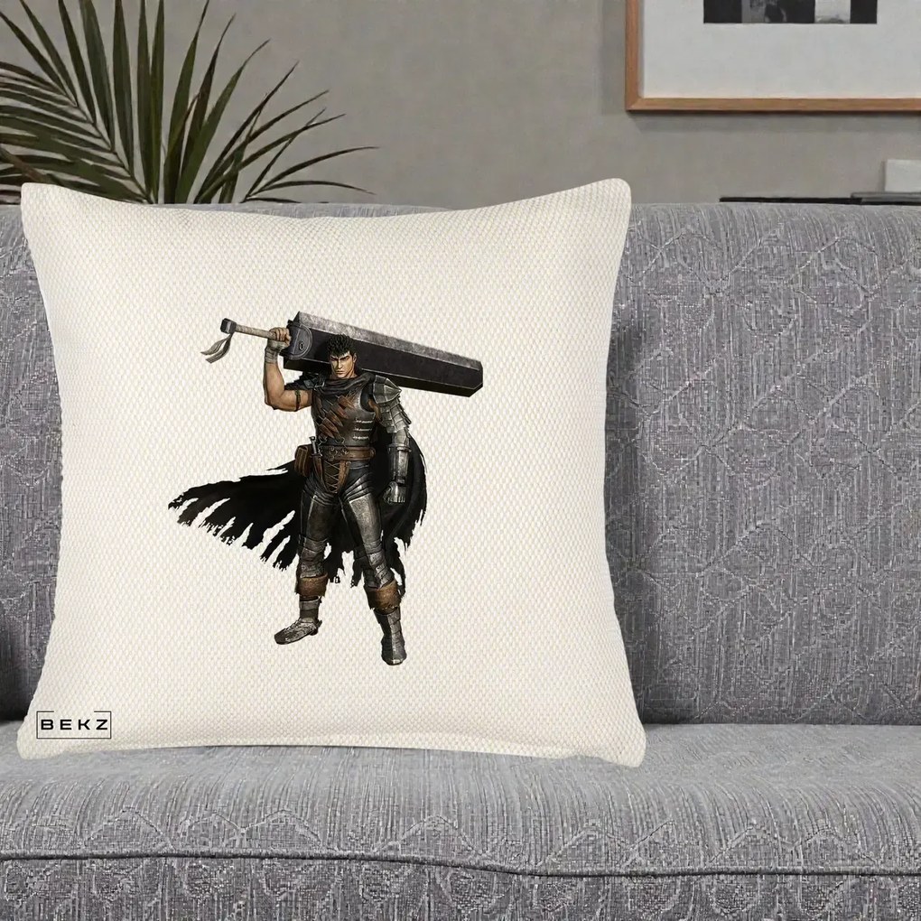 Perna Personalizata Berserk Guts Luptatorul Negru, 40x40 cm, Crem Reliefat, Husa Detasabila, Perna Inclusa, BEKZ®