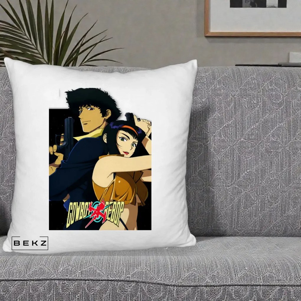 Perna Personalizata Cowboy Bebop Spike si Faye Poster, 40x40 cm, Alb Pufos, Husa Detasabila, Perna Inclusa, BEKZ®