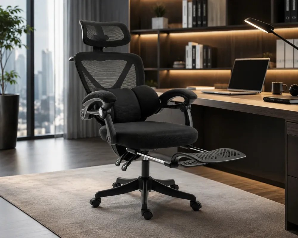 ELITE PRO 870BK – Scaun Ergonomic Premium, Mesh Respirabil, Tetieră Reglabilă, Suport Lombar, Suport pentru Picioare Retractabil, Funcție Recliner, Reglaj pe Înălțime, Negru
