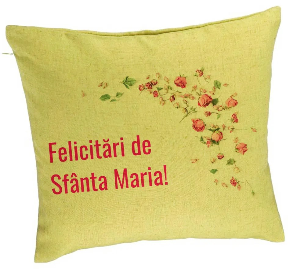 Perna Decorativa, Model Felicitari de Sfanta Maria, 40x40 cm, Verde, Husa Detasabila, Burduf