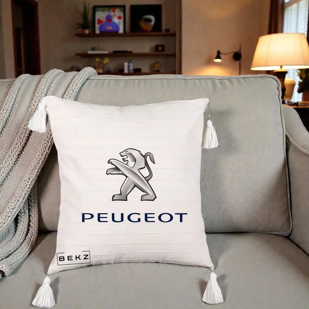 Perna Personalizata cu emblema Peugeot, 40x40 cm, Bej cu Franjuri, Husa Detasabila, Perna Inclusa, BEKZ®