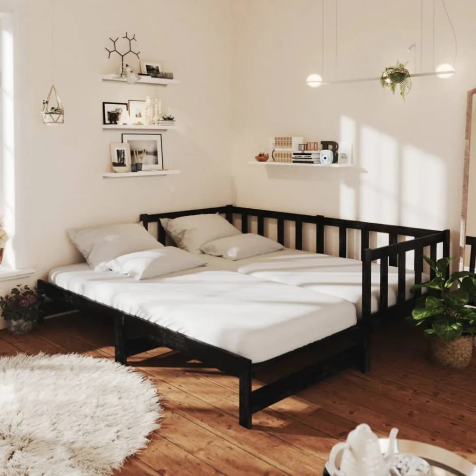 Pat extensibil de zi, 2x(90x200) cm, negru, lemn masiv de pin