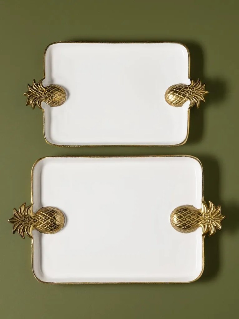 Set 2 tăvi albe din aluminiu cu mânere ananas, 51×30 cm