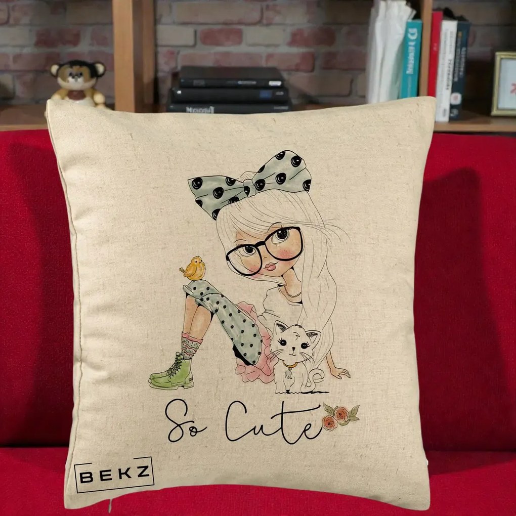 Perna Decorativa So Cute Fata Fashion, 40x40 cm, Bej, Husa Detasabila, Perna Inclusa, BEKZ®