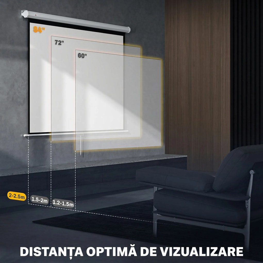 HOMCOM Ecran de Proiecție 84 Inch Format 4:3, Ecran Rulabil cu Unghi de 160° și Montare pe Tavan sau Perete, 181x8x138 cm, Alb | Aosom Romania