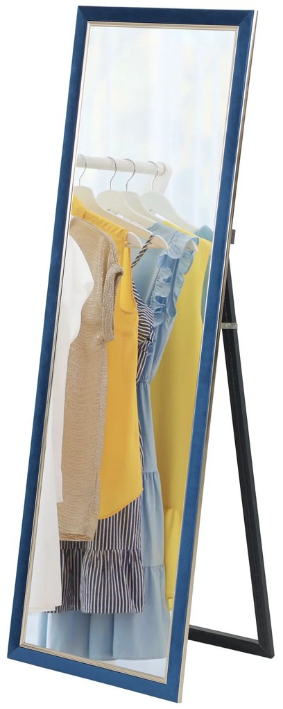 HOMCOM Oglindă de Corp Intreg 150x50 cm cu Cadru din Catifea și Suport pentru Salon Dormitor Albastru | Aosom Romania
