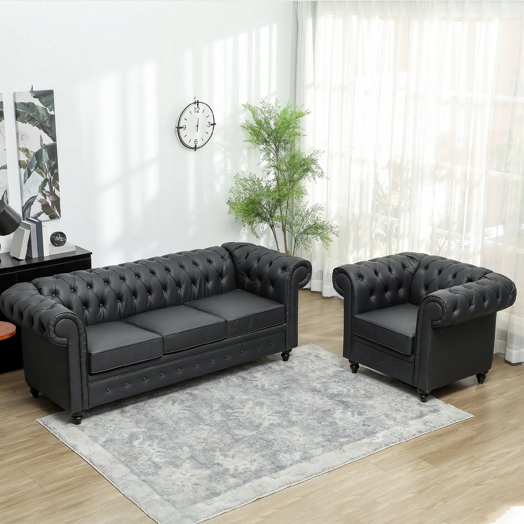 HOMCOM Fotoliu Decorativ Tapițat cu Butoni Decorativi și Picioare din Lemn, 105x86x79 cm, Negru | Aosom Romania