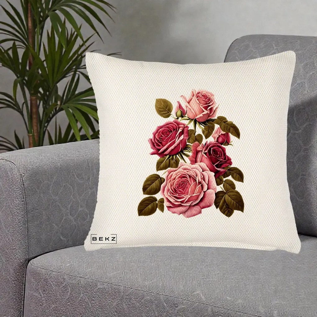 Perna Decorativa Trandafiri Vintage Roz-Rosii, 40x40 cm, Crem Reliefat, Husa Detasabila, Perna Inclusa, BEKZ®