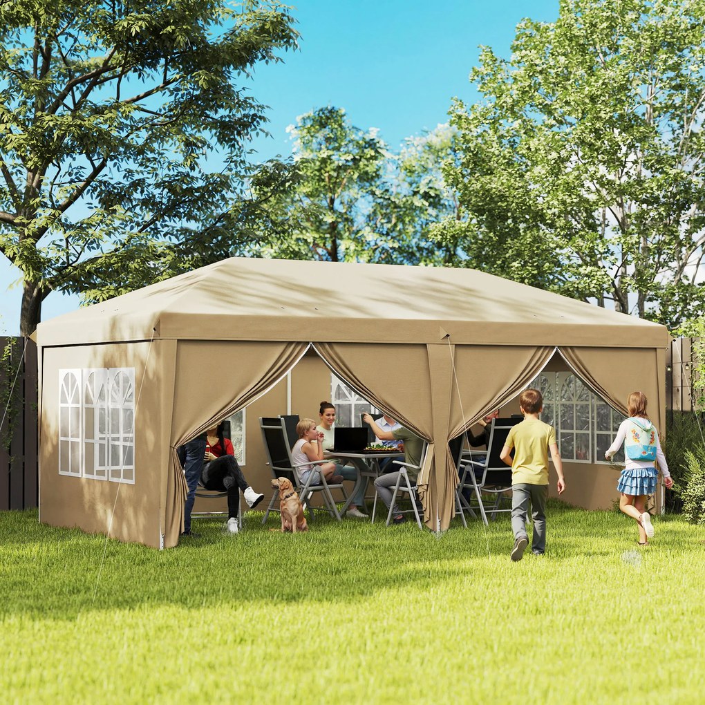 Outsunny Pavilion barnum pliant pop-up impermeabil 6 x 3 x 2,7 m 4 pereți laterali detașabili 4 ferestre husă de transport kaki | Aosom Romania