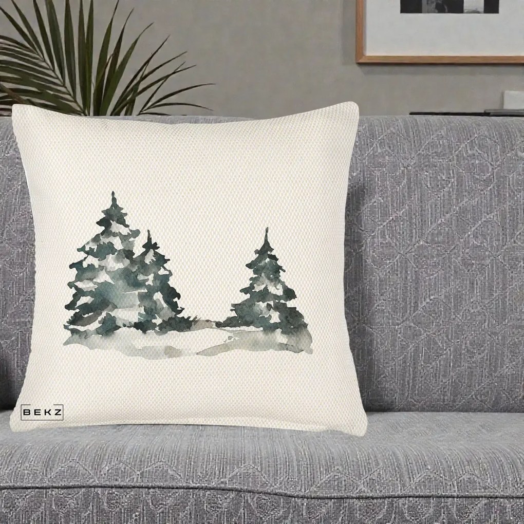 Perna Decorativa Brazi Inzapeziti Acuarela, 40x40 cm, Crem Reliefat, Husa Detasabila, Perna Inclusa, BEKZ®