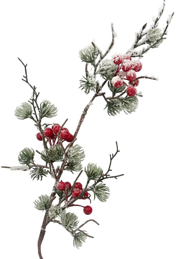 Ramura decorativa cu bobite rosii  si ace verzi ninse BRIGHT, 70cm