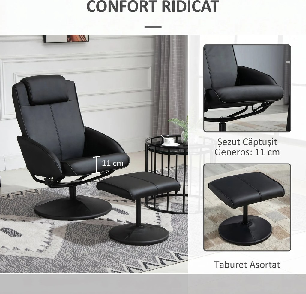 HOMCOM Fotoliu reclinabil de relaxare cu otoman pentru picioare si tapiterie din piele artificiala, 71x78x101cm, negru | Aosom Romania