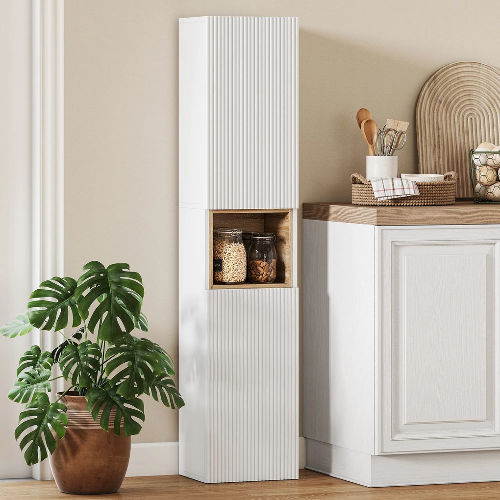 HOMCOM Mobilier de Baie cu 2 Uși, Rafturi Reglabile și Spațiu Deschis, Lemn, 30x24x140 cm, Alb | Aosom Romania