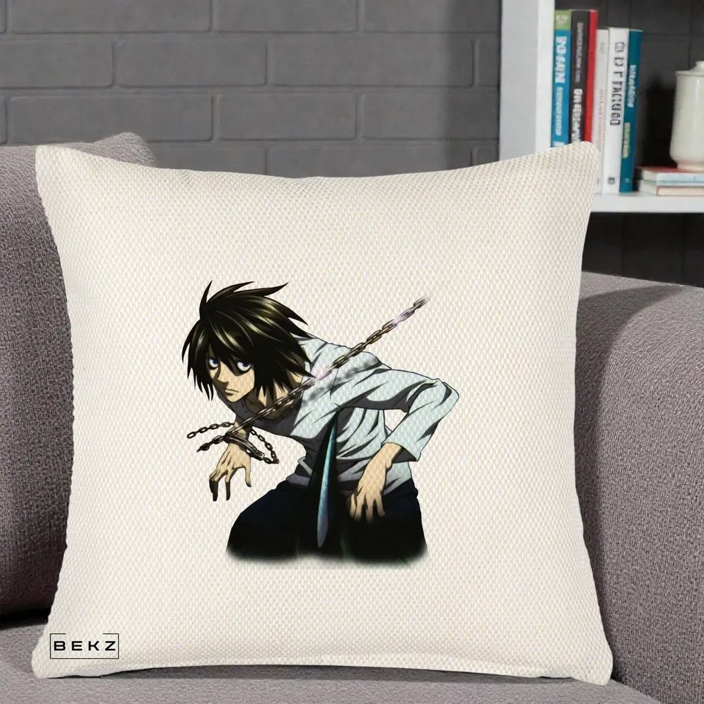 Perna Personalizata Death Note L Lawliet Lanturi, 40x40 cm, Crem Reliefat, Husa Detasabila, Perna Inclusa, BEKZ®