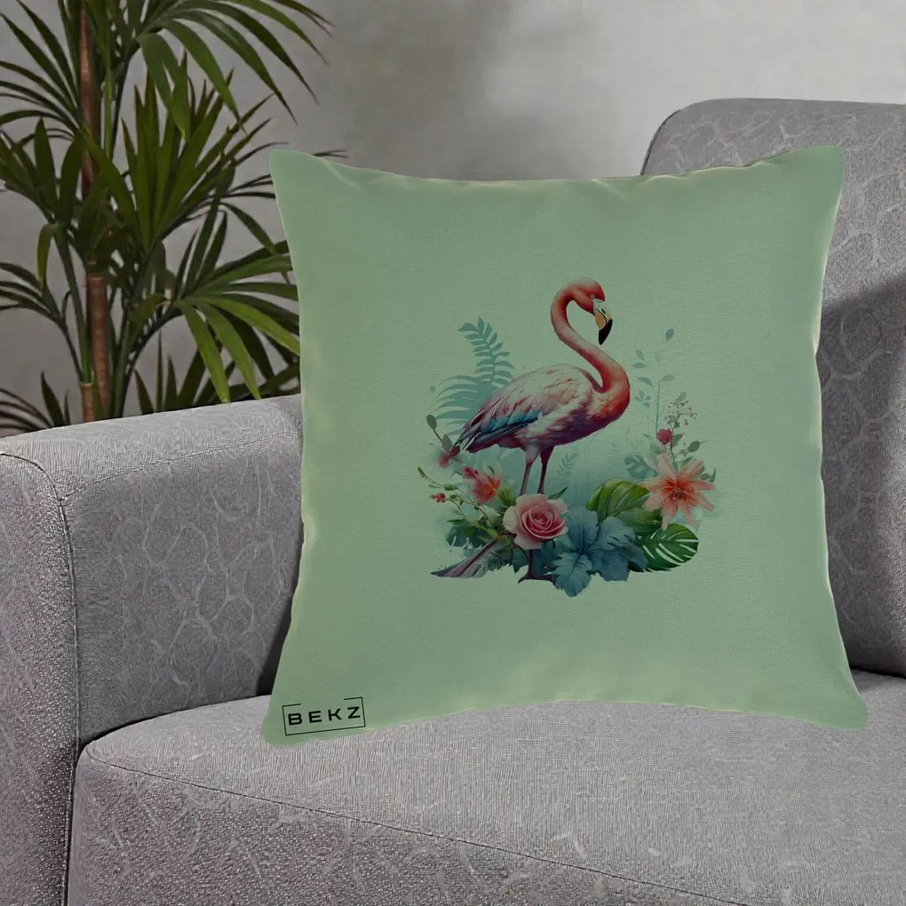 Perna Decorativa Flamingo cu Flori Tropicale Acuarela, 40x40 cm, Verde, Husa Detasabila, Perna Inclusa, BEKZ®