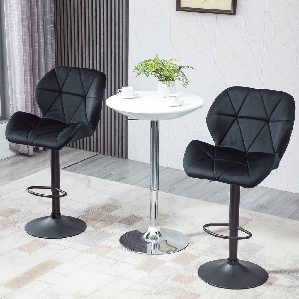 HOMCOM Set de 2 scaune de bar rotative, reglabile în înălțime, tapițate cu catifea și spumă neagră 51,5 x 57,5 x 93-114,5 cm | Aosom Romania