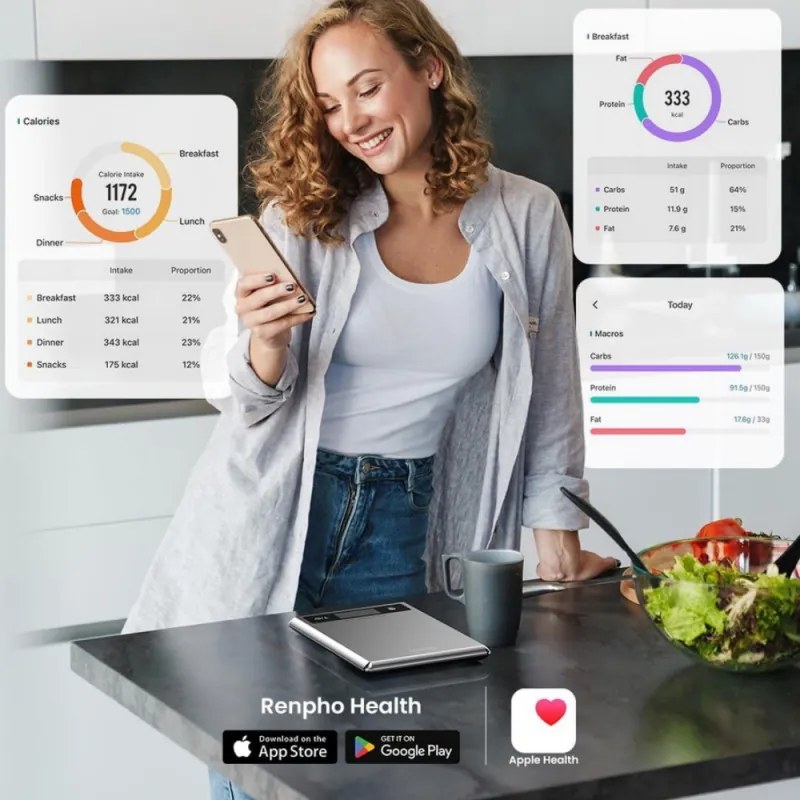 Smart cantar de bucatarie RENPHO Calibra 1, Pana la 5 kg, 20 de functii de analiza, Sincronizare cu aplicatii mobile, Functie TARE, Sticla, Argintiu