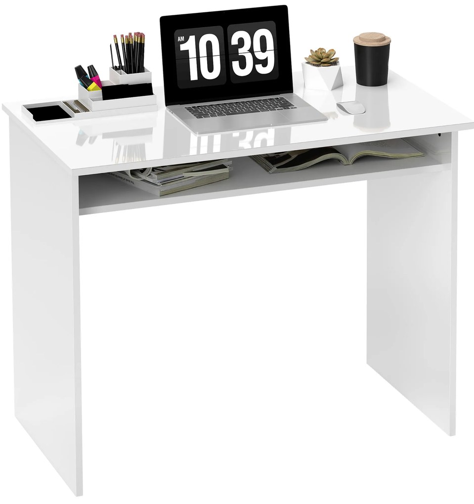 HOMCOM Birou pentru calculator simplu, compact, cu 1 raft, panouri din PAL, dim. 90l x 50P x 74H cm, alb lucios | Aosom Romania